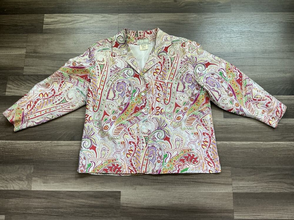 Harve Bernard Silk Paisley Button Up Blouse Jacket 12 Multi Maximalist Dopamine